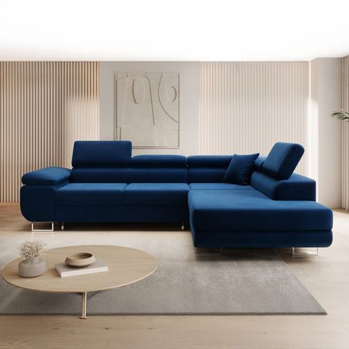 Canapé D'angle Droit Convertible 6 Places En Velours Bleu