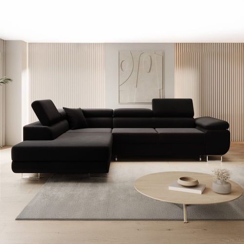Canapé D'angle Gauche Convertible 6 Places En Velours Noir