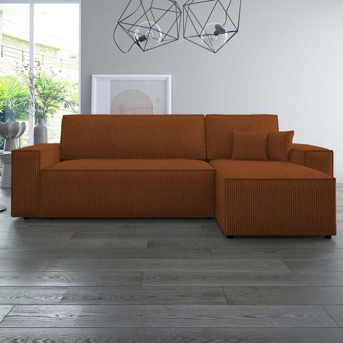Canapé D'angle Convertible Réversible 4 Pl Velours Côtelé Terracotta