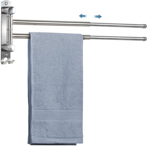 Jexnovashop-Porte-Serviettes Salle De Bain, Porte Serviette Murale Avec 2 Barres 180°Rotatives Sèche-Serviettes En Acier Inoxydable Extensible Jusqu'à 50 Cm (Argent)