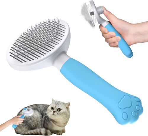 Cat Brush Dog Brush [Ergonomic Grip & One-Click Cleaning & Patented Design] Tool For Dogs/Cats/Rabbits With Short And Long Hair, Dog Accessories (Blue)