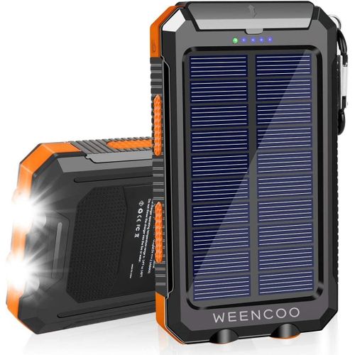 Batterie Externe Solaire 20000mah Usb Chargeur Portable Avec Panneau Solaire, Splashproof, Antipoussière, Antichoc Power Bank Avec 2 Lampes De Poche, Port D'entrée De Type C, Boussole (Orange)