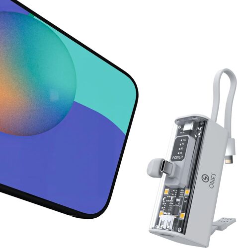 Mini Capsule Power Bank 5000 mAh - Haute Capacité,Charge Rapide 10,5W,Câble Intégré,Lumières LED(Mode SOS - Une Batterie Externe Ultra-compacte et Polyvalente (Prise USB-C + Câble Lighting)