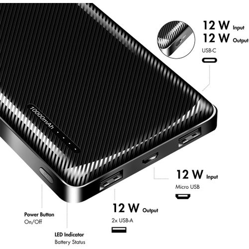 Pa0328 - Powerbank 10000 Mah,2 Ports Usb-A + 1 Port Usb-C (Pour Appareils) Avec Fonction De Charge Rapide,Usb-C + Micro Usb (Recharge De La Batterie Externe),Noir