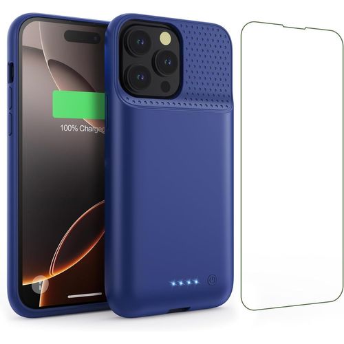 Kalanka-Coque Batterie Pour Iphone 16 Pro Max, Puissant 8600mah 15w Coque Rechargeable Batterie Externe Avec Écran De Protection En Verre Trempé Chargeur Portable Pour Iphone 16 Pro Max(6,9"") (Bleu)