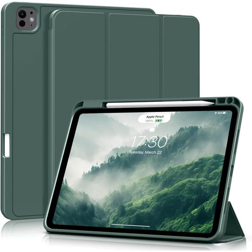 Coque pour iPad Air 13 Pouces M3 2025/M2 2024, iPad Pro 12.9 Pouces (2022/2021, 6/5/ Génération), Étui de Protection en TPU Souple avec Porte-Crayon, Réveil/Sommeil Auto, Vert Foncé