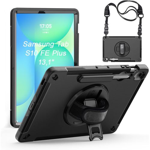 Coque Robuste Pour Samsung Galaxy Tab S10 Fe+ Plus (13,1"") 2025, Étui De Protection Résistant Aux Chocs, Avec Support Rotatif, Dragonne, Bandoulière Et Porte-Stylo-Noir