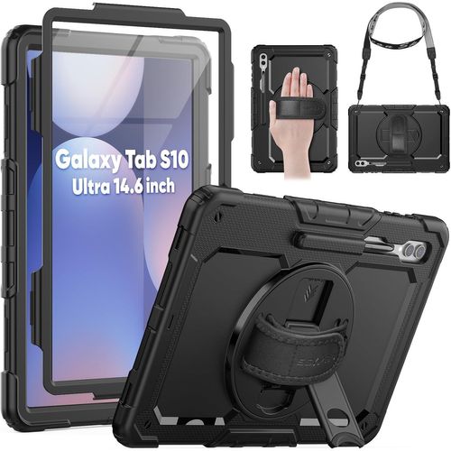 Coque Pour Galaxy Tab S10 Ultra / S9 Ultra 14,6"" 2024/2023, Coque Antichoc Avec Protecteur D'écran, Dragonne, Bandoulière, Support Et Porte-Stylo Pour Galaxy Tab S10 Ultra, Noir