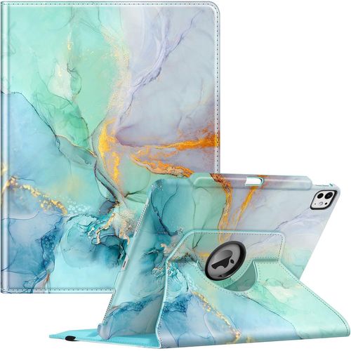 Coque Pour Ipad Pro 13 Pouces 2024 M4 (A2925/A2926/A3007)-[Rangement De Stylet] Coque Rotative À 360° Étui Pivotant,Housse Veille/Réveil Automatique,Marbre Émeraude