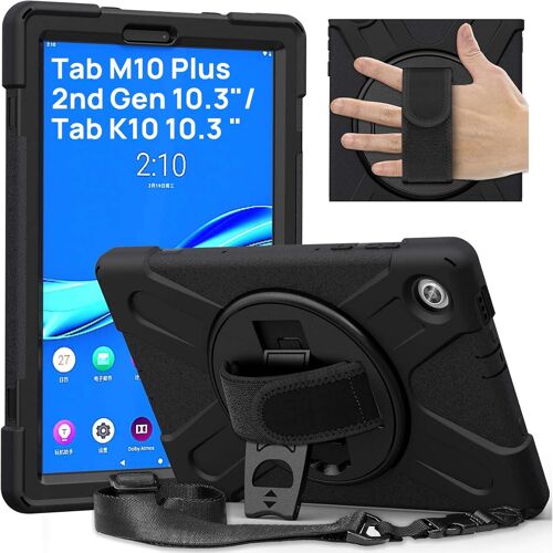 Coque Antichoc Lenovo Tab M10 FHD Plus (2nd Gen)/Tab K10 2021, 10,3 Pouces, Étui de Robuste avec Support Pivotant, Bandoulière et Dragonne, Housse pour Lenovo M10 FHD Plus TB-X606F/X606X, Noir
