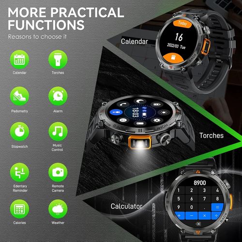 KALANKA-Montre Connectée Homme avec Appels Bluetooth, 1,45"" Militaire Smartwatch 3ATM Étanche avec Torche LED, Montre Fitness avec Fréquence Cardiaque SpO2 Surveillance 110+ Modes Sportifs pour Andro