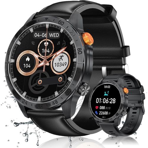 Montre Connectée Homme avec Appel Bluetooth, 1.43¿ AMOLED Display, 100+ Sports Fashion Watch, IP68 Waterproof/Pedometer / SpO2 / Sleep Monitor/Fitness Watch for iOS Android (Cuir Noir)