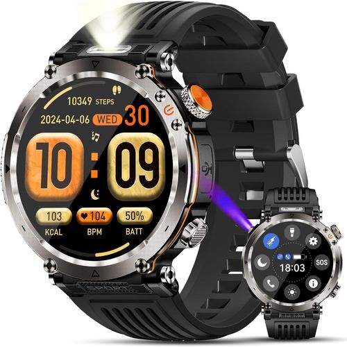 Montre Connectée Homme avec Lampe de Poche,1.7"" Militaire Smartwatch avec Appel Bluetooth,600 mAh 110+ Modes Sportifs Fitness Montre avec Fréquence Cardiaque/SpO2/Sommeil (Noir)