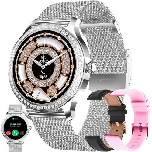 Montre Connectée Femme Avec Appel Bluetooth,3 Bracelets,1.28"" Hd Smartwatch Avec Diamond/Cardiofrequencemetre/Sommeil/Fonction Féminine,110+ Sportifs,Ip68 Smart Watch Pour Android Ios (Argent)