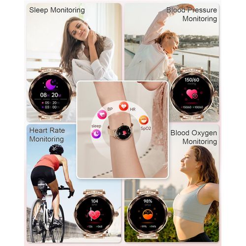 Montre Connectée Femme,Appel Bluetooth, Montre Connectée étanche IP68 à écran Tactile AMOLED De 1,19 Po, 100+ Mode Sport,SpO2/Tensiomètre/Moniteur De Pouls/De Sommeil, pour iOS/Android Or