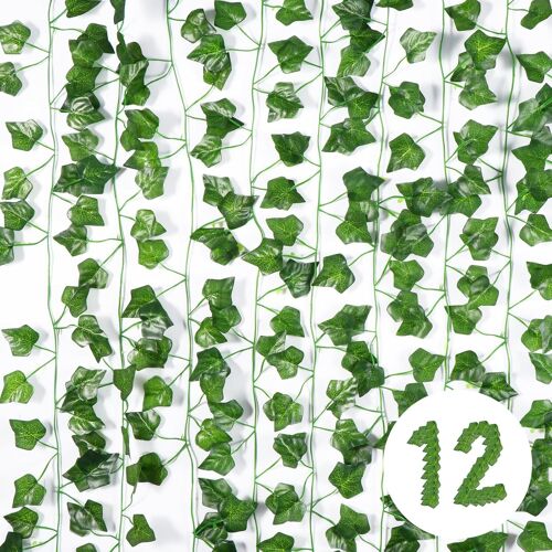 KALANKA-Lierre Artificiel Decoration Chambre, 12Pcs 2.1m Faux Lierre Plante Artificielle, Lieres Guirlande pour Chambre,Cuisine, Patio, Balançoire, Mariage, Bureau, Fête, Noël, Halloween, Vert