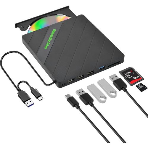 KALANKA-Mince Graveur DVD Externe,Lecteur CD DVD Externe avec Emplacements SD/TF et 2 Ports USB,Lecteur Graveur CD DVD Externe,Graveur D'ordinateur Portable,pour PC Laptop Desktops