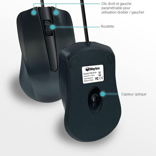 65106 Souris Filaire USB Noire avec 3 Boutons et Capteur Optique, 1000 DPI Prise en Main Ergonomique, Ambidextre pour PC et Mac
