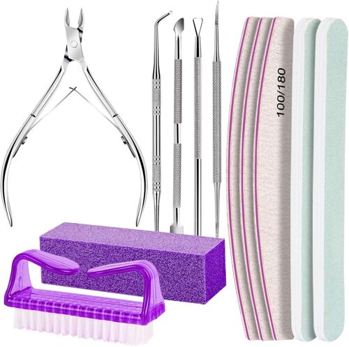 12 Pcs Lot De Limes À Ongles Et Pousse Cuticule, Lime À Ongles Professionnelles, Pousse Cuticule Et Coupe En Metal,, Brosse, Outil Pour Ongles Incarnés (Violet) 