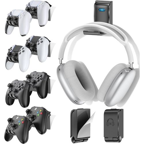 Support de Manette et Casque, Support Universel Murale pour Manettes Xbox/PS5/PS4/Nintendo Switch, Organisateur de 8 Accessoires Gaming avec Porte-Casque Pliable, Noir, 4 Paquets