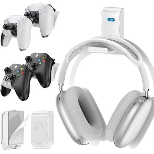 Support de Manette et Casque, Support Universel Murale pour Manettes Xbox/PS5/PS4/Nintendo Switch, Organisateur de 4 Accessoires Gaming avec Porte-Casque PliableBlanc, 2 Paquets