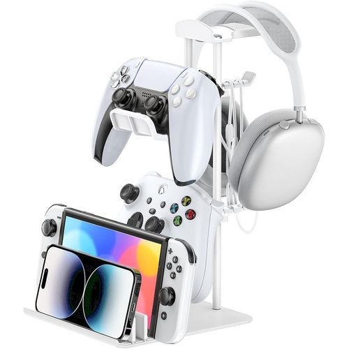 LORANKA-Support Casque, Support de Manette de Jeu et Support de Casque pour Bureau, Support d'écouteurs avec Barre de Support en Aluminium, Organisateur de Stockage Universel, Blanc