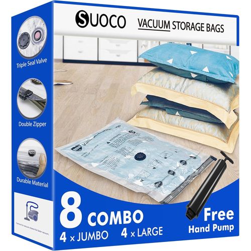 TIANYI-Sacs de Rangement Sous Vide 4 Jumbo + 4 Large avec Pompe à Main de Voyage - Sacs de Compression Étanches Gain de Place pour Vêtements, Literie, Couettes, Grands Sacs Sous Vide pour Maison/Voya