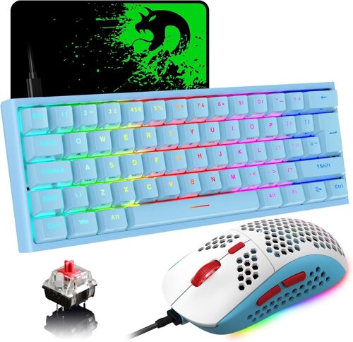 Clavier Et Souris De Jeu Britannique 60% - Clavier Mécanique Rétroéclairé Rvb - Souris De Jeu Légère - 62 Touches Usb C - 6400 Dpi - Pour Les Joueurs Windows Et Mac - Interrupteur Bleu/Rouge
