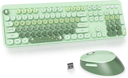 Ensemble Clavier et Souris sans Fil,Clavier de Machine à écrire,2.4GHz Clavier de Machine à écrire à Touches Rondes avec Pavé Numérique,Clavier de 104 Touches(Américain QWERTY)(Mixed Green)