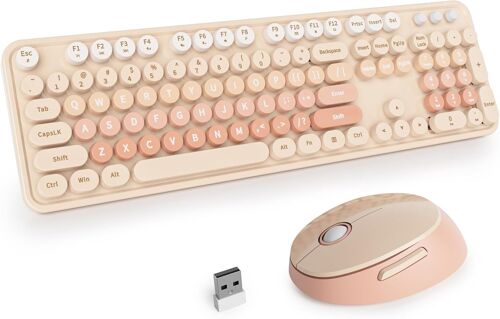 Ensemble clavier et souris sans fil, clavier d'ordinateur rétro pour machine à écrire, clavier d'ordinateur rond 2,4 GHz avec pavé numérique, 104 touches, clavier kawaii ergonomique pleine