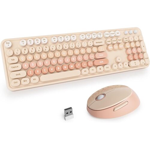 Ensemble clavier et souris sans fil, clavier d'ordinateur rétro pour machine à écrire, clavier d'ordinateur rond 2,4 GHz avec pavé numérique, 104 touches, clavier kawaii ergonomique pleine