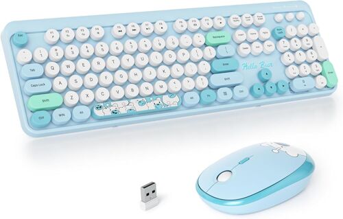 Ensemble Clavier et Souris sans Fil - Clavier de Machine à écrire 2.4GHz à Touches Rondes avec Pavé Numérique, 104 Touches (Américain QWERTY) (Bear Blue)