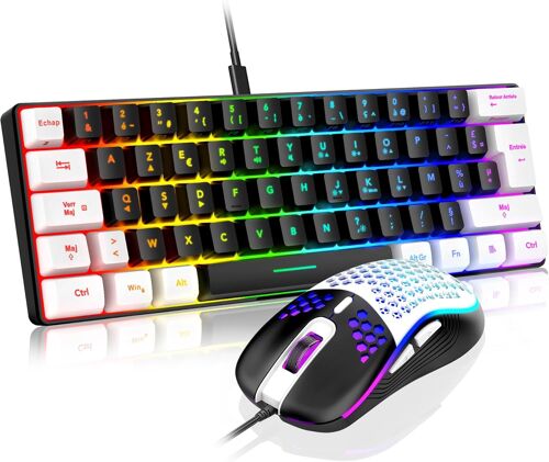 KALANKA-60% Ensemble Clavier et Souris 2-en-1 Gamer, AZERTY FRANÇAIS, Mini Clavier Ultra-Compact Rétroéclairé RGB 62 Touches, Souris Légère 6 Boutons 7200 DPI pour PC Mac PS5 Xbox (Noir-Blanc)