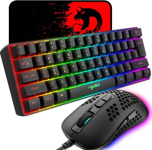 Clavier De Jeu Filaire À 60% 61 Touches 11 Effets De Rétroéclairage Rvb Avec Touches Complètes Anti-Ghosting + Souris De Jeu Légère Filaire Souris Optique En Nid D'Abeille 2400 Dpi + Tapis De Souris