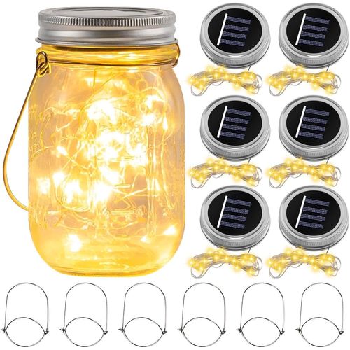 Kal-Lot De 6 Lampes Solaires D'extérieur - 30 Led Blanc Chaud - Fil Argenté - Couvercle Solaire - Verre Solaire Original Pour Jardin, Arbre, Balcon - Bocaux Non Inclus