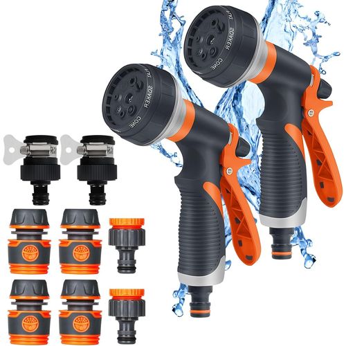 2 Pièces Pistolet d'arrosage,Pulvérisateur de Jardin avec Interface,8 Modes Réglable d'Arrosage Pistolet,Pistolet Arrosage Haute Pression pour Jardin,Lavage de Voiture,(Orange)