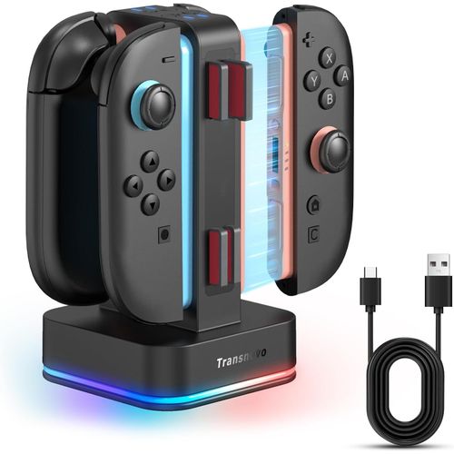 Gjfty-Chargeur Compatible Avec Nintendo Switch 2, Station De Charge 4 En 1 Avec 8 Emplacements Pour Cartes De Jeu, Indicateur Led, 9 Modes Rgb Lumière Gaming, Charge Simultanée De 1 À 4 Joycon