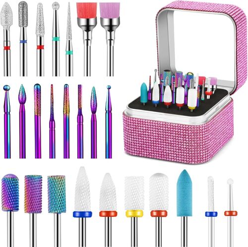 25 Pièces Embout Ponceuse Ongles Avec Porte-Embouts Strass, Forets À Ongles Diamant Céramique Carbure 3/32 Pouce Pour Soins Cuticules, Manucure & Pédicure Gel Acrylique À Domicile Ou Salon 