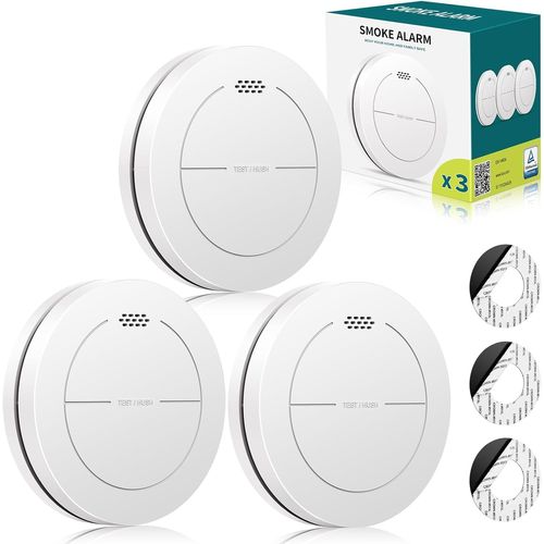 Détecteur de fumée interconnecté, détecteur d'incendie avec batterie de 10 ans, détecteur de fumée certifié TUV Rheinland avec alarme sonore de 85 dB, fonction silencieuse. SL-S15R, 3 pièces