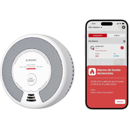 Wi-FI Détecteur de Fumée et de Monoxyde de Carbone Connecté avec Pile remplaçable, Détecteur Combiné Intelligent Compatible avec l¿Application Home Security, SC06-WX, Lot de 1