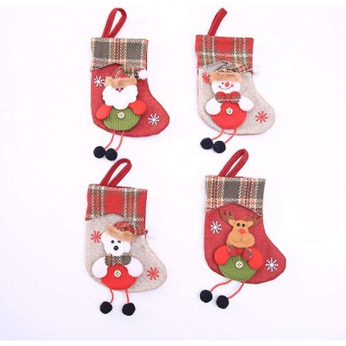Chaussette de Noël, 4 pièces Père Noël Bonhomme de neige Renne Ours Décorations de Noël Chaussettes de Noël Sac de bonbons suspendu