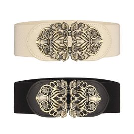 Femmes Large Élastique Ceinture 2pcs Rétro Dames Stretch Taille Robe Ceinture,Noir Et Beige