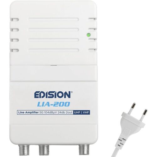 MEVRONISSHOP-EDISION LIA-200 Amplificateur Antenne TV TNT intérieur d'appartement UHF/VHF, 12-24db Réglable, 104dBmV, pour Numérique Terrestre DVB-T/T2, avec Filtre 5G LTE, 1 entrée, 2 Sorties