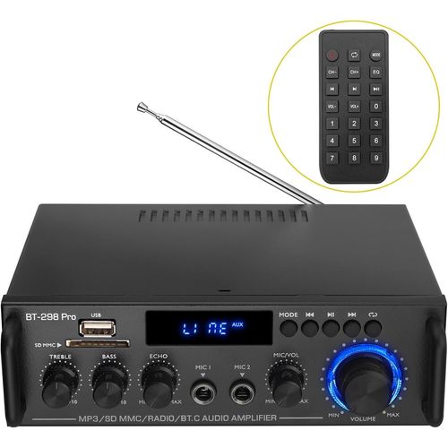 40W+40W Amplificateur Audio Stéréo Numérique HiFi Amplificateur 12V / 220V 2Ch Bluetooth Intégré avec Télécommande FM Radio Mic Auto USB SD Slot pour Tablette PC