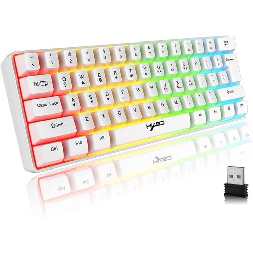 Checarzhn--No1-Clavier Sans Fil Eclairé Silencieux, 61 Touches Bluetooth 5.0 + 2.4g Double Mode Arc-En-Ciel Rétroéclairé Ergonomique Clavier 60% Avec Batterie Rechargeable Pour Windows Mac Pc Ps4 Gamer, Bl