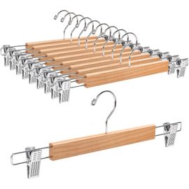TODO HOGAR Lot De 6 Cintres En Bois Naturel 45 Cm Avec Pinces En Métal Pour Pantalons Et Encoches Pour Bretelles