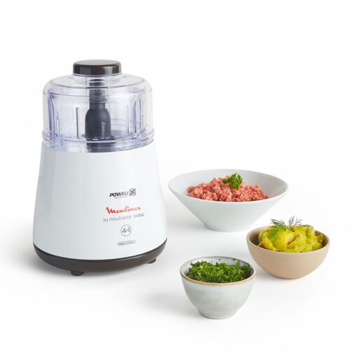 Hachoir Electrique MOULINEX électrique, Fonctions 3-en-1, Emince, Hache, Mise, 4 lames, 400 ml, Pression simple, Moulinette Essential DJ