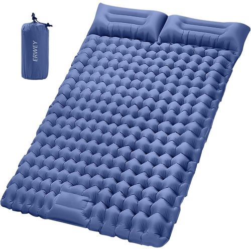 LETNERNY-Matelas Isolant Auto-Gonflant Pour 2 Personnes - 200 X 135 Cm - Ultra Léger - Matelas De Camping Gonflable - Avec Pompe À Pied - Pliable - Avec Coussin - Bleu Marine
