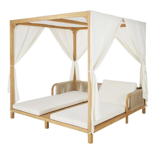 Double Bain De Soleil À Baldaquin Professionnel En Bois D'eucalyptus Et Toile En Polyester Recyclé Écru