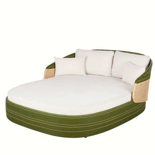 Bain De Soleil Double Pour Hôtel En Résine Recyclée Tressée Verte Et Beige Et Cousins En Polyester Recyclé Écrus